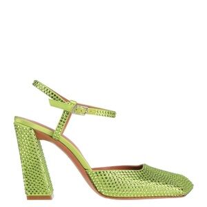 Amina Muaddi 95mm lime satin square-toe Maryjane pumps adorned in rhinestones